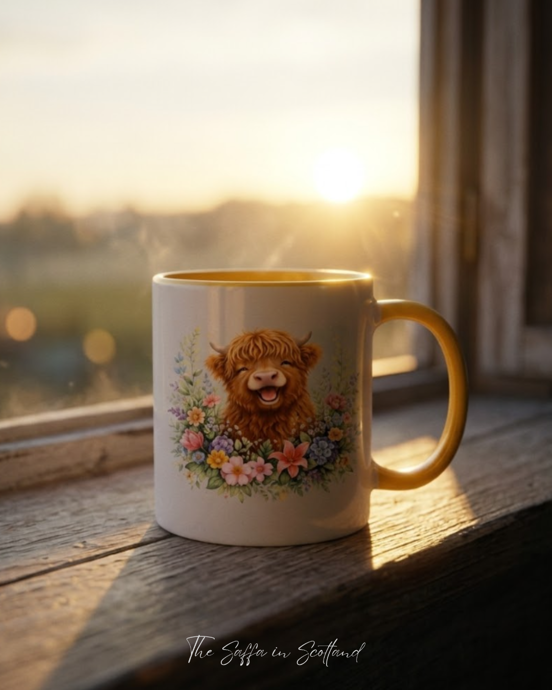 Highland Cow Koppie met Blommetjie Agtergrond